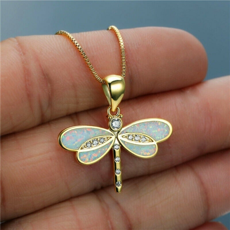 Gold-Plated Dragonfly Necklace with Opal Detail