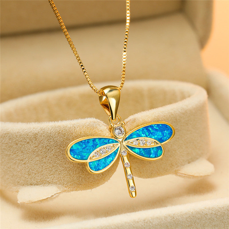 Gold-Plated Dragonfly Necklace with Opal Detail