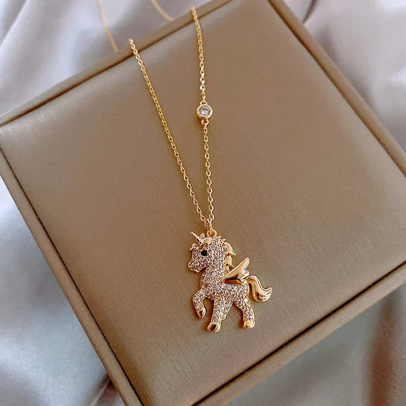Gold Unicorn Necklace with Zirconium Accents