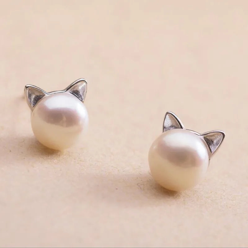 Silver Cat Pearl Stud Earrings