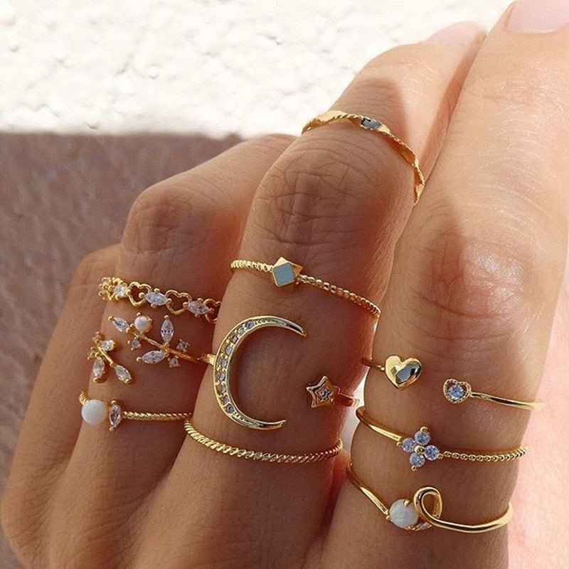 10-Piece Bohemian Rings Set - Silver & Gold Shades