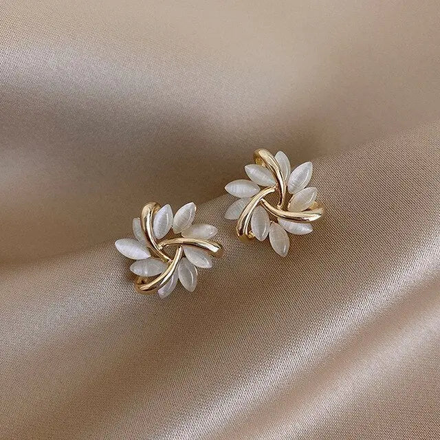 Gold Earrings with Luminous White Opal Accents