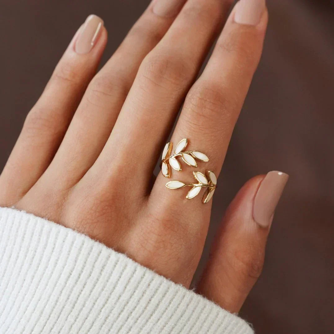 Pure - Adjustable Ring with White Opal and Leaf Design
