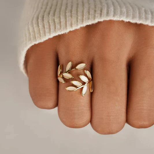 Pure - Adjustable Ring with White Opal and Leaf Design
