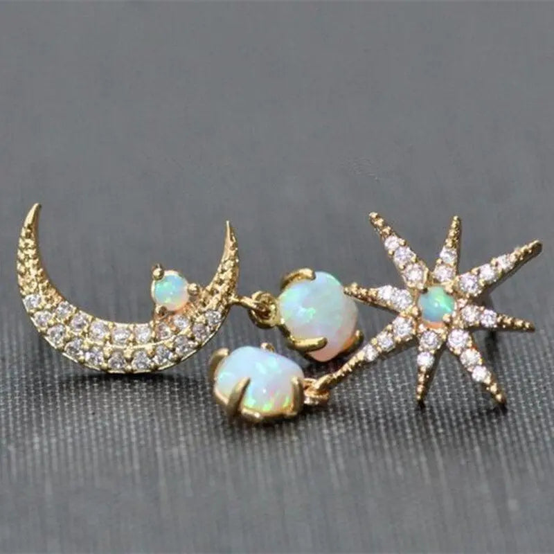 Gold Moon & Star Earrings with Opal Accents
