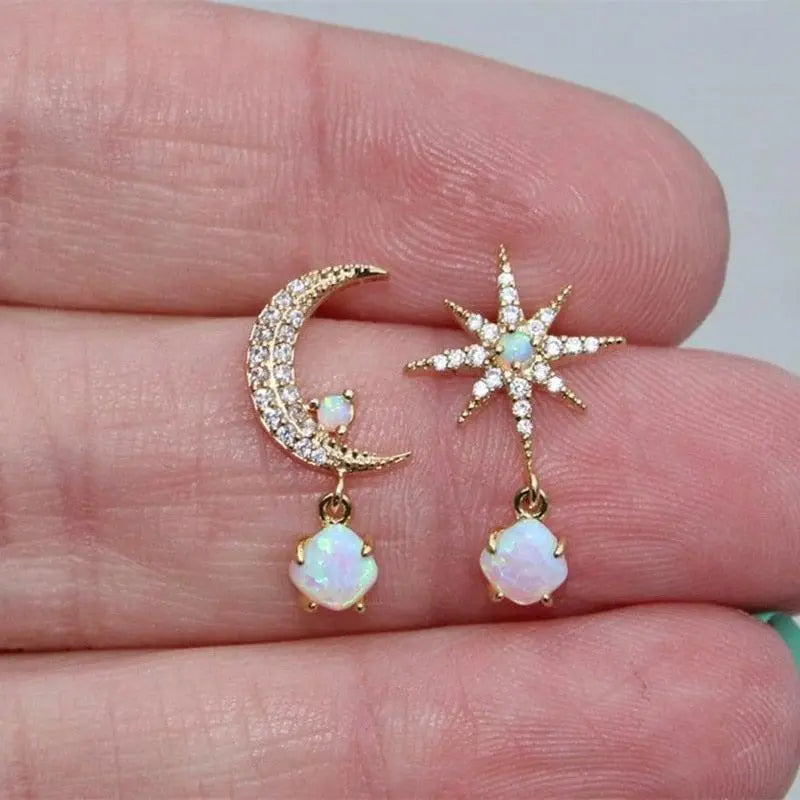 Gold Moon & Star Earrings with Opal Accents