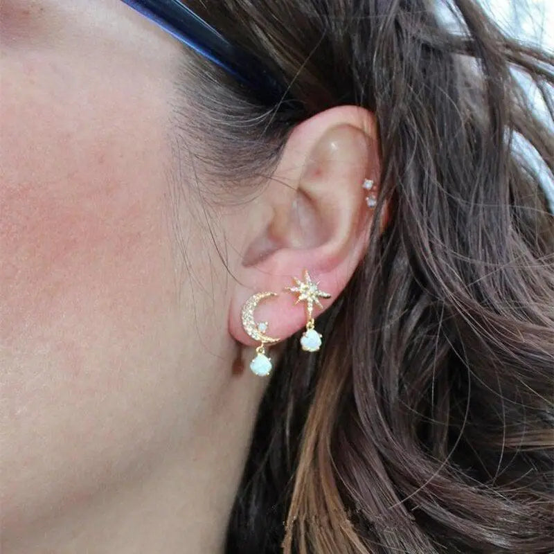 Gold Moon & Star Earrings with Opal Accents