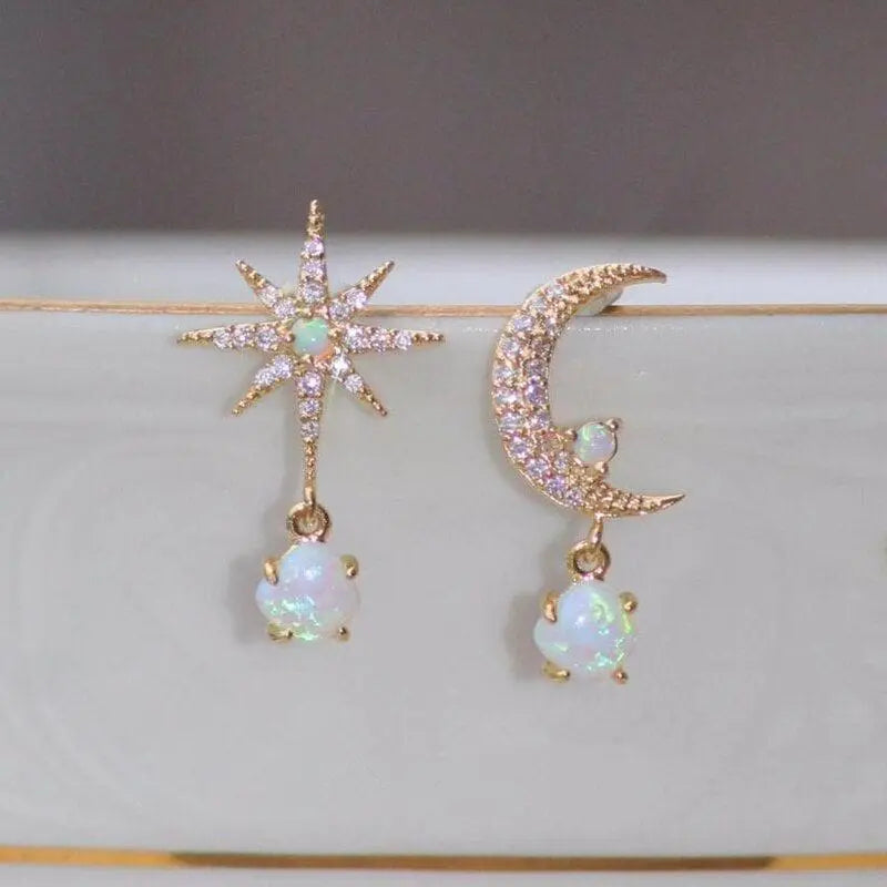 Gold Moon & Star Earrings with Opal Accents