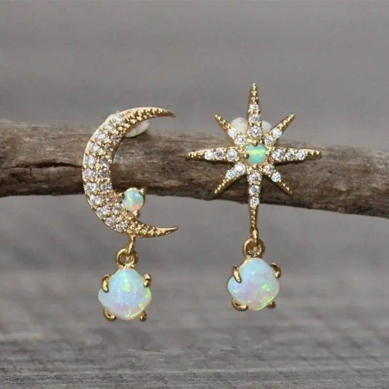 Gold Moon & Star Earrings with Opal Accents