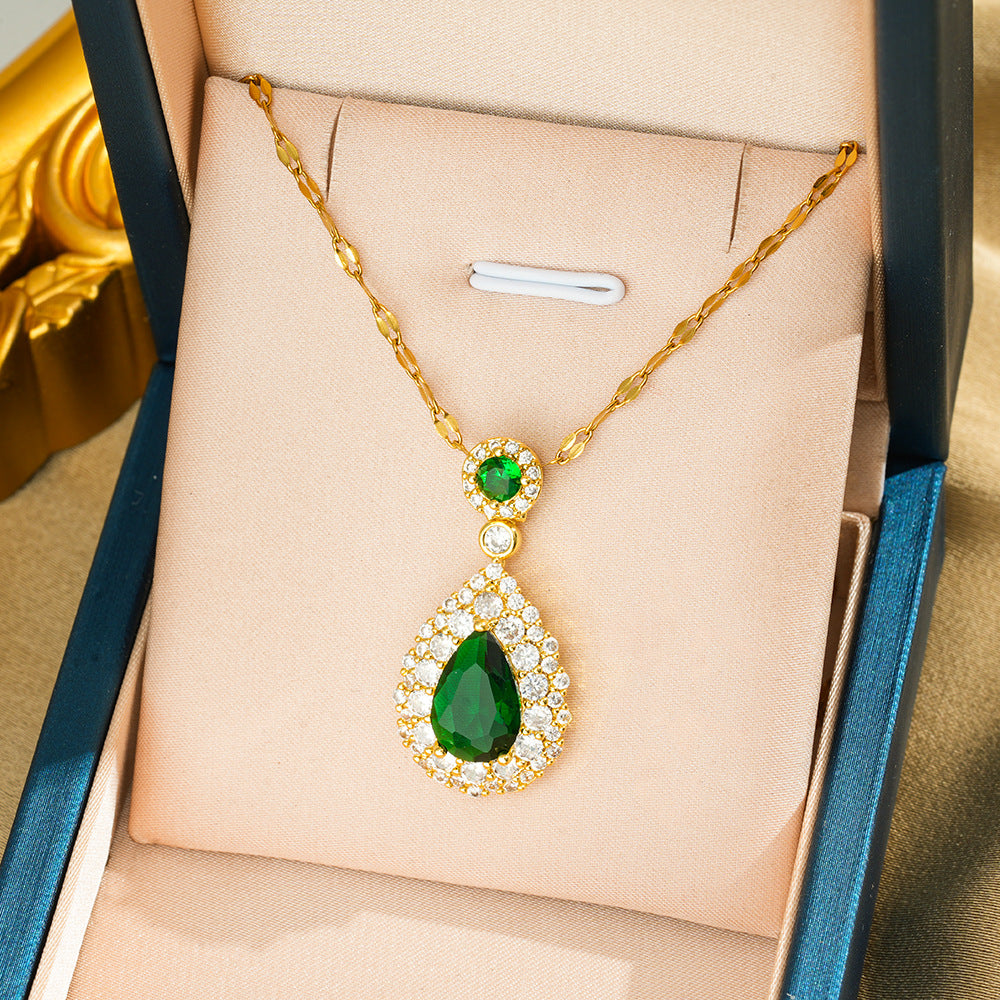 Green Crystal Pendant Necklace in Gold Finish