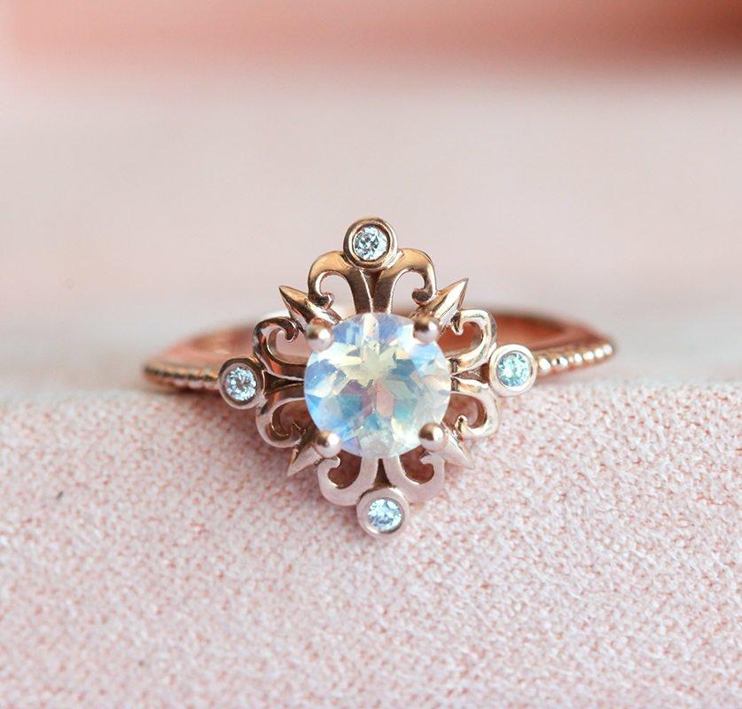 Delicate 14K rose gold moonstone ring - Stackable & adjustable