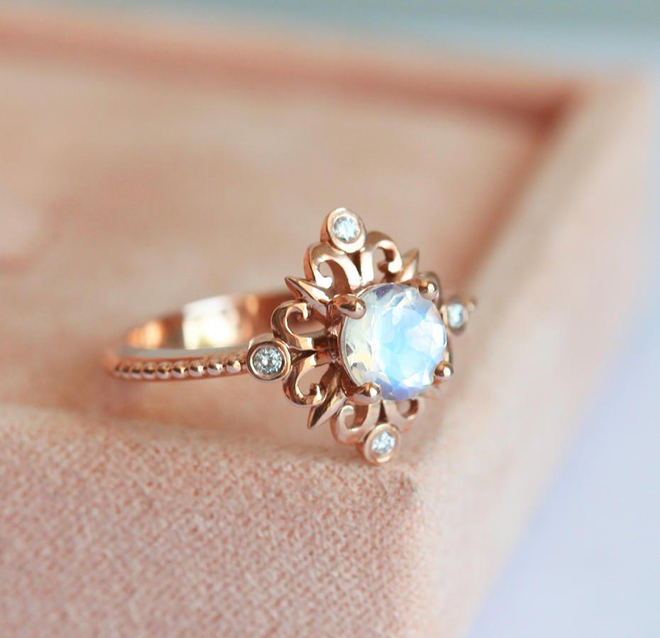 Delicate 14K rose gold moonstone ring - Stackable & adjustable