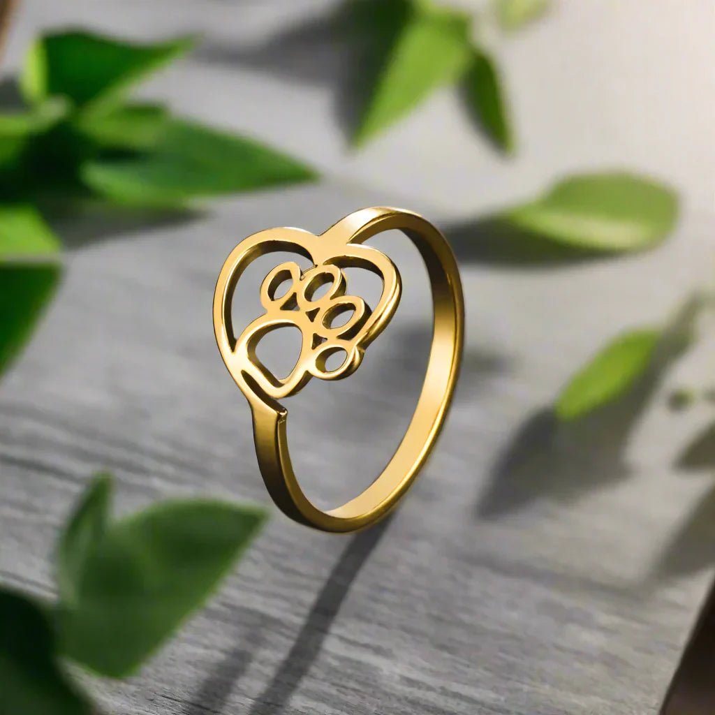 Gold Tone Paw & Heart Ring-Gold and Silver for Animal Lovers - BECKKY