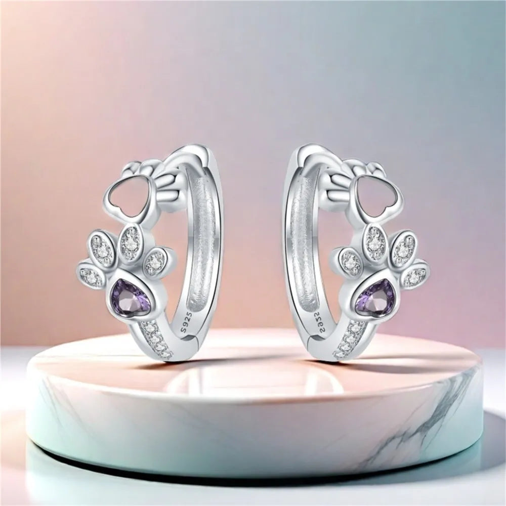 Paw Huggie earrings in 925 silver - with zirconia and heart jewel - eagle