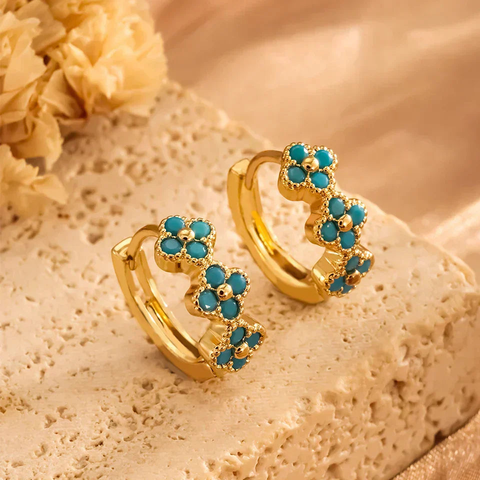 Stylish Turquoise Blue Floral Hoop Earrings