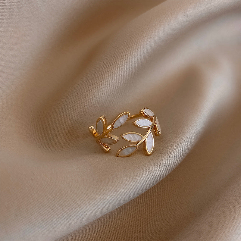 Pure - Adjustable Ring with White Opal and Leaf Design