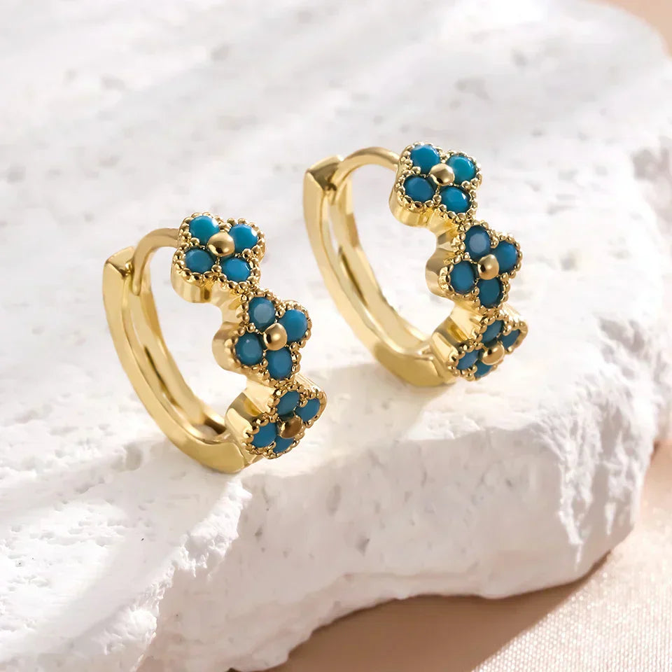 Stylish Turquoise Blue Floral Hoop Earrings