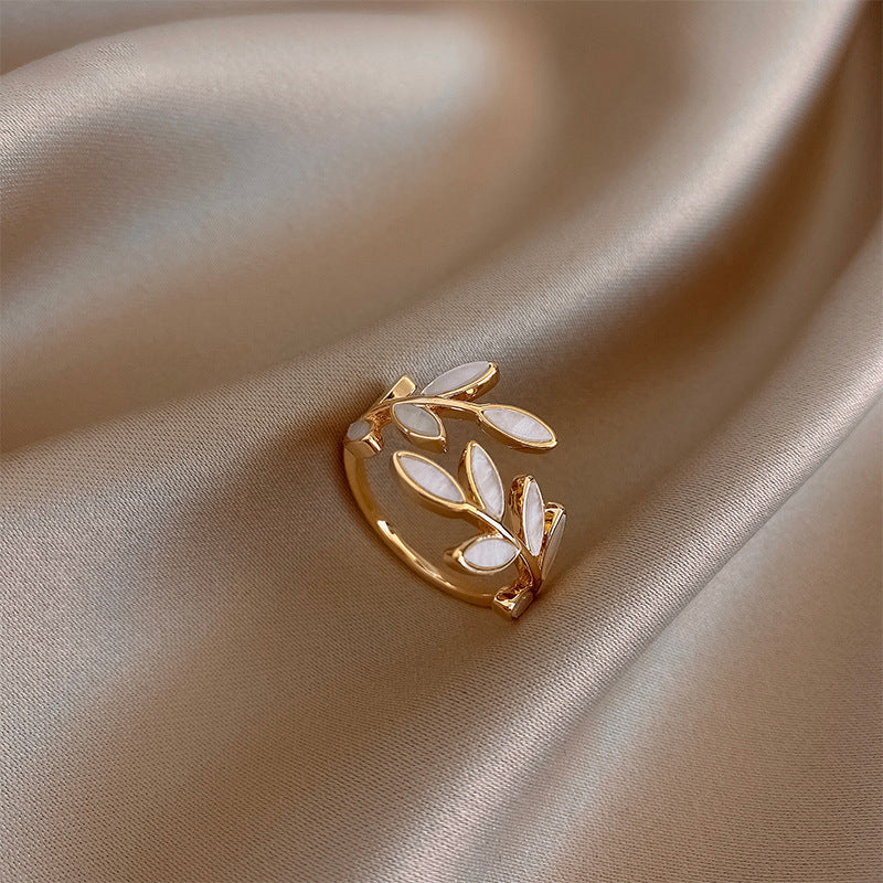 Pure - Adjustable Ring with White Opal and Leaf Design