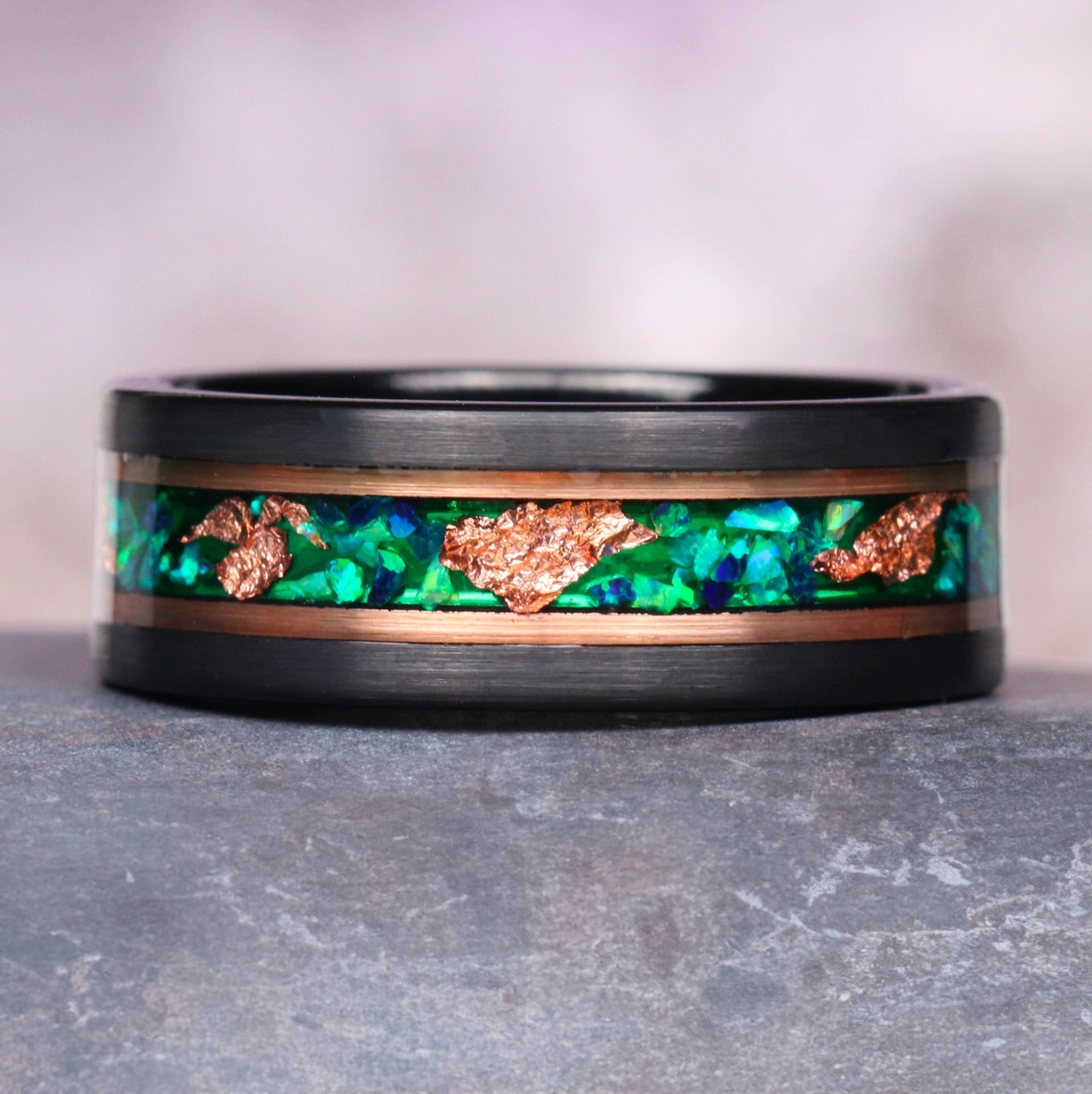 Green fire opal and moss agate ring - a natural piece of jewelry for couples