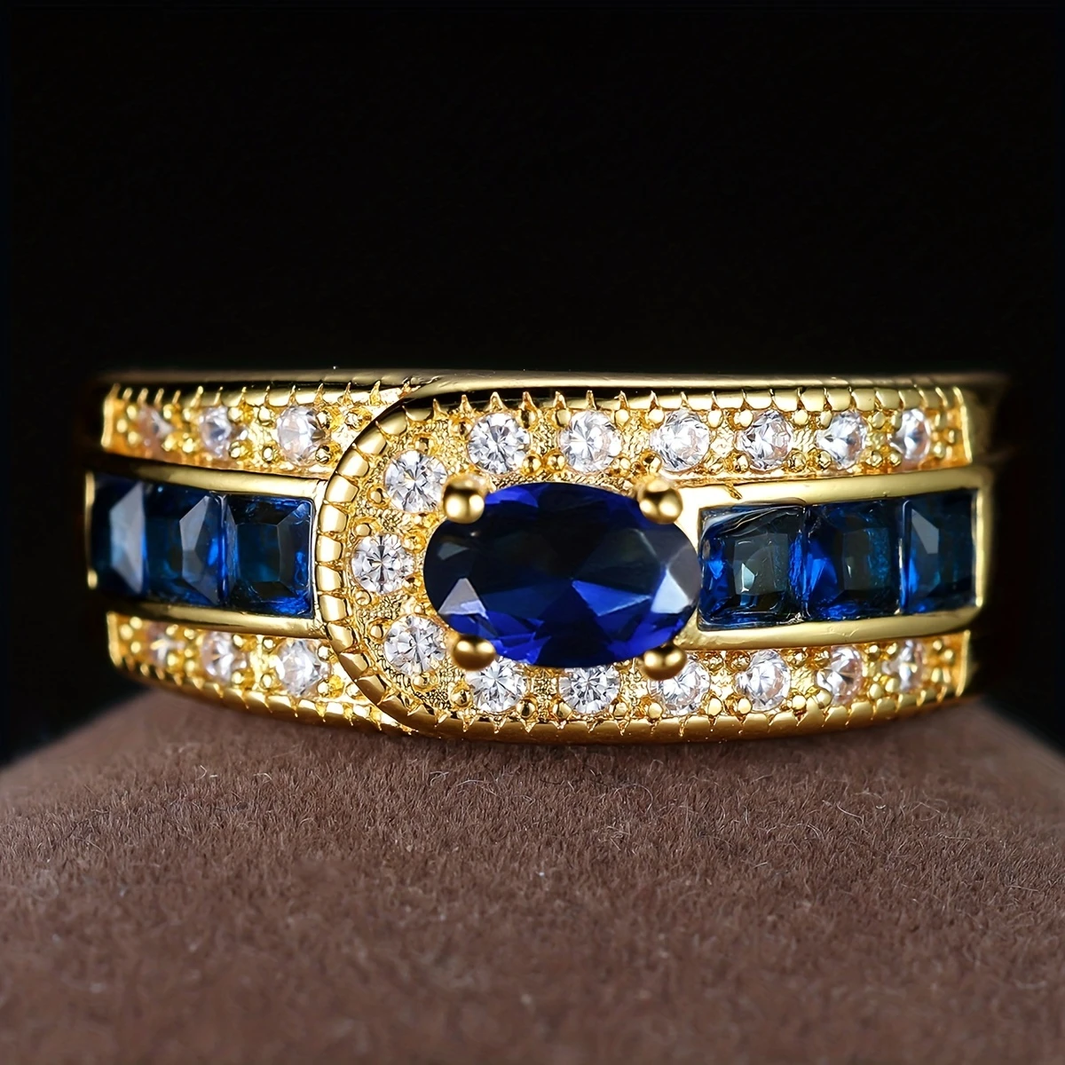 Blue Zirconia Ring in Antique Gold Finish