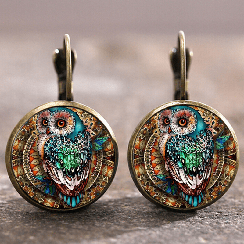 Rounded Crystal Owl Earrings in Vintage Style