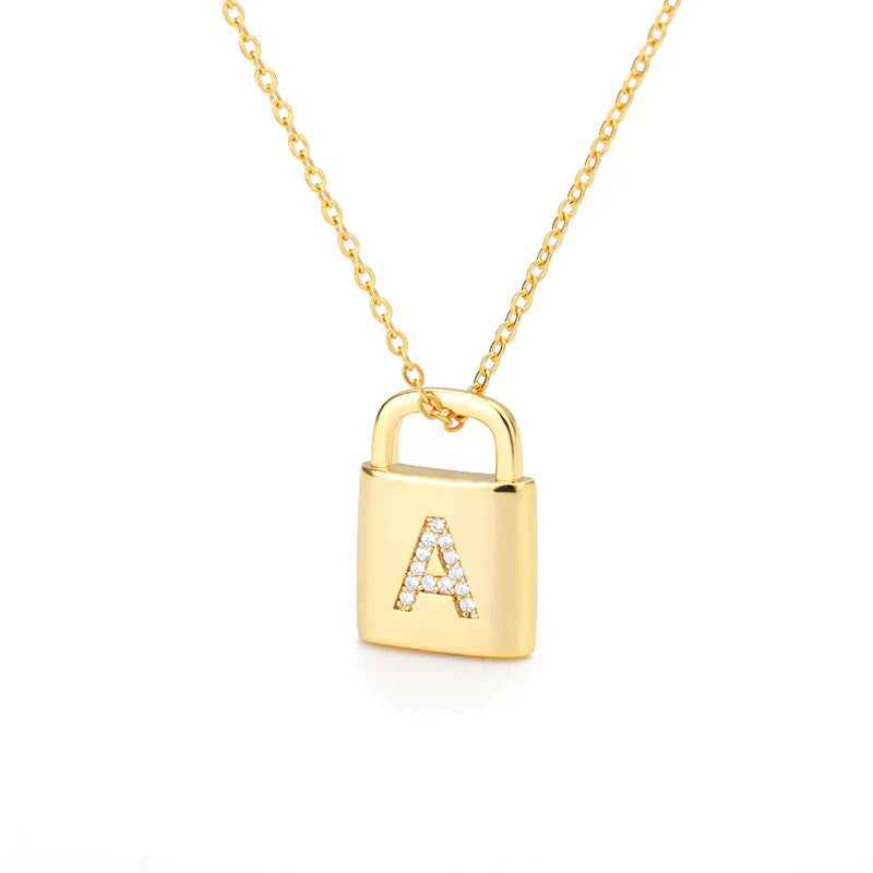 Gold Initial Lock Pendant Necklace