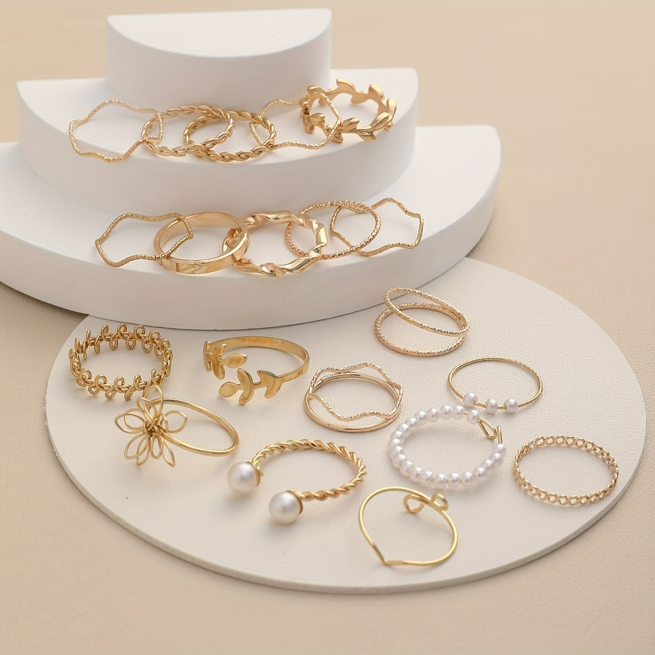 22pcs Fashion Leaf, Flower & Faux Pearl Ring Set