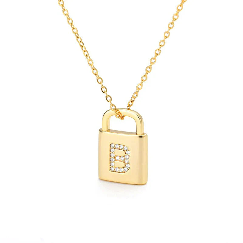 Gold Initial Lock Pendant Necklace