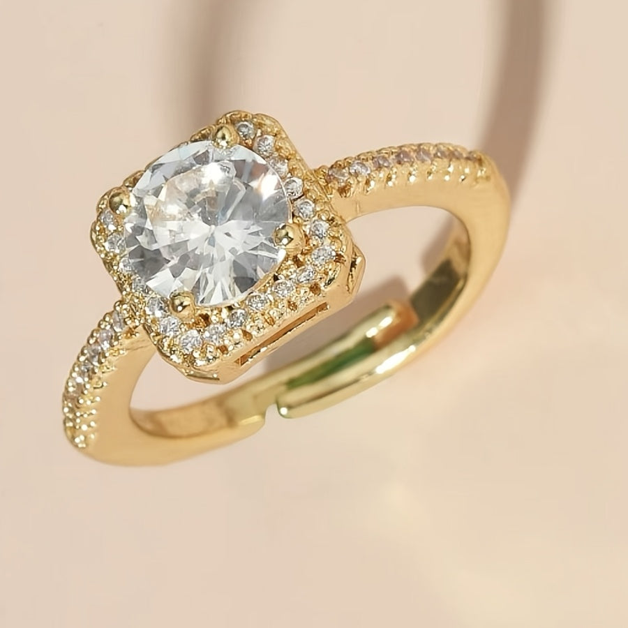 Elegant Adjustable Square White Gold-Plated Ring with Synthetic Zirconia