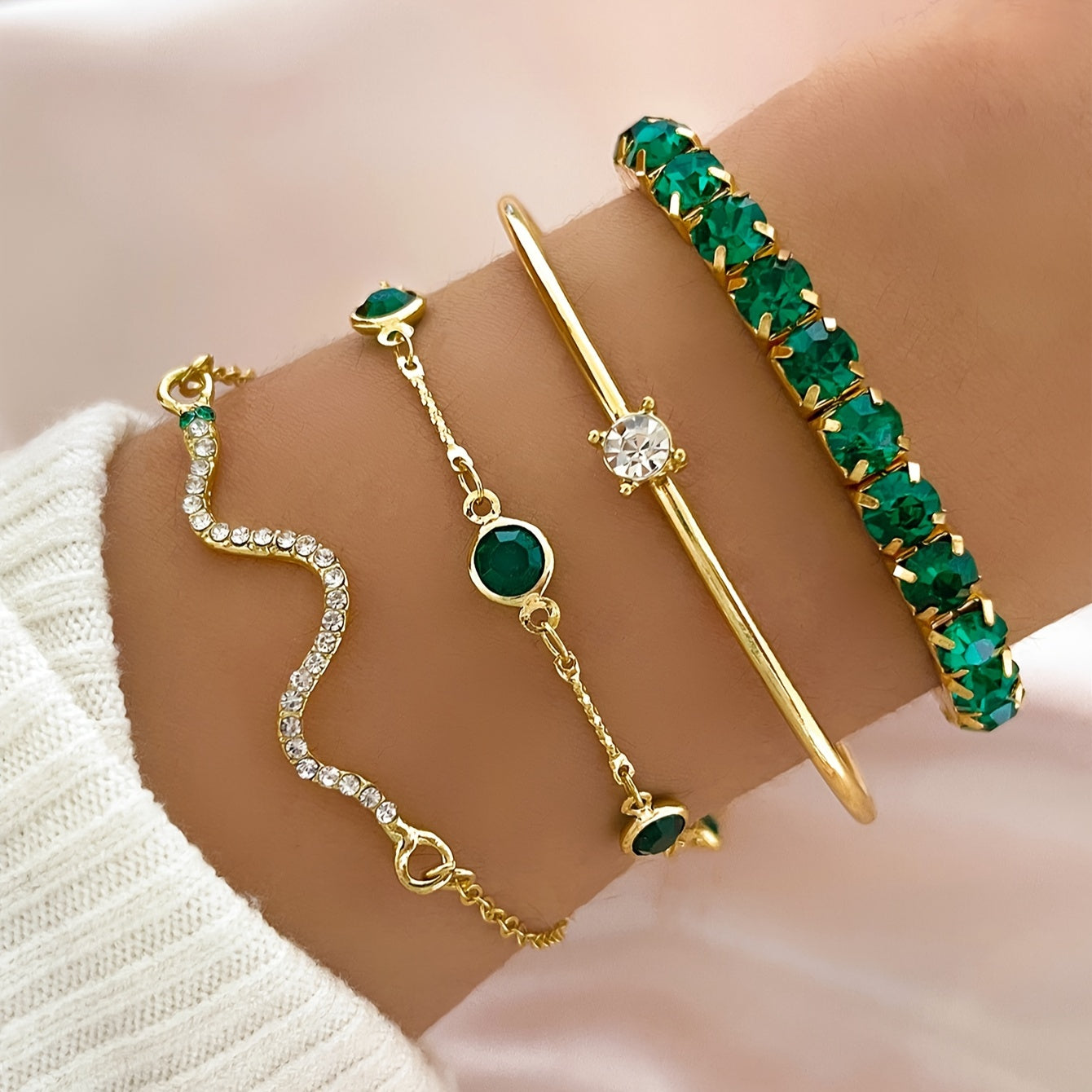 Elegant Green Gemstone & Rhinestone Snake Chain Bracelet Set