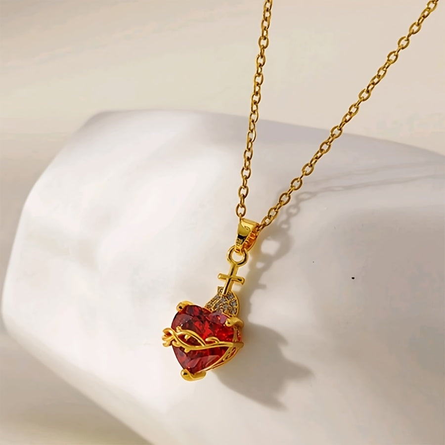 Gothic Red Heart Design Necklace with Synthetic Zirconia
