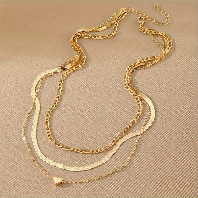 Layered Heart Charm Necklace – Retro Snake & Cuban Chains
