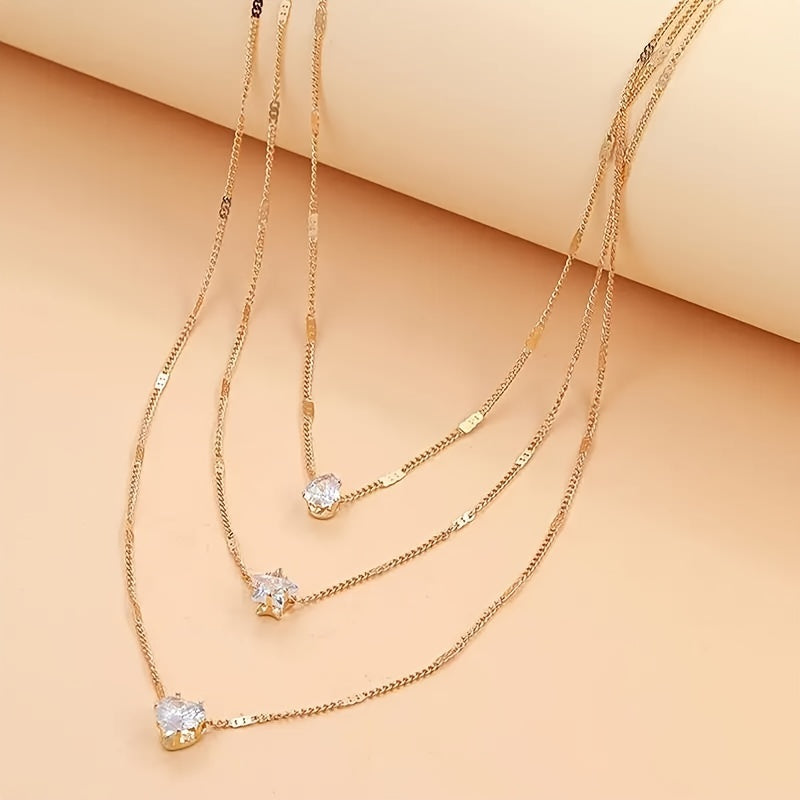 Multi-Layered Crystal Pendant Necklace – Heart, Star & Drop Charms