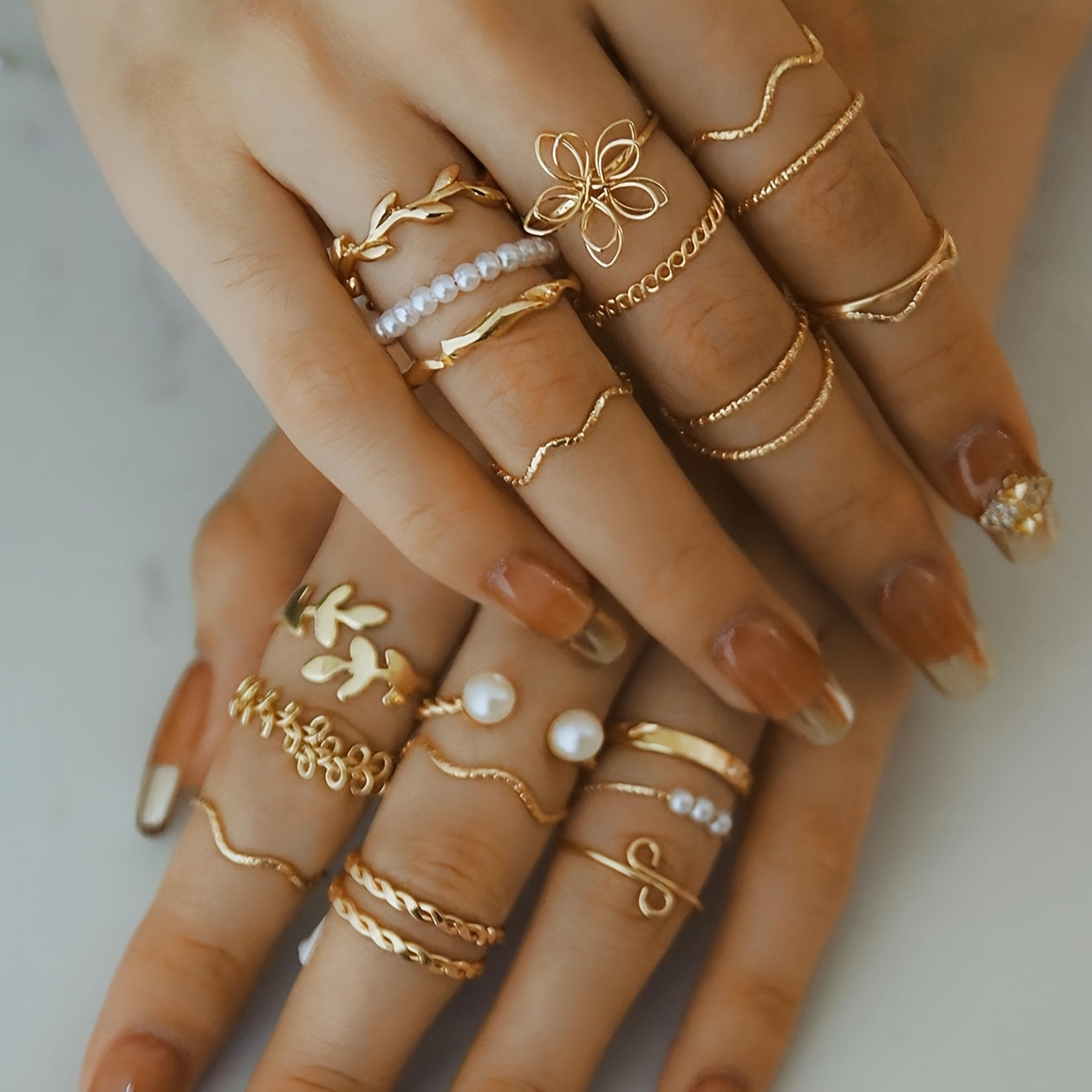 22pcs Fashion Leaf, Flower & Faux Pearl Ring Set