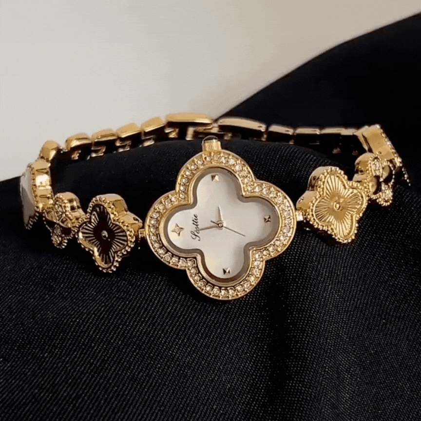 Fortuna – Gold Watch with Clover Dial and Matching Clover-Link Bracelet