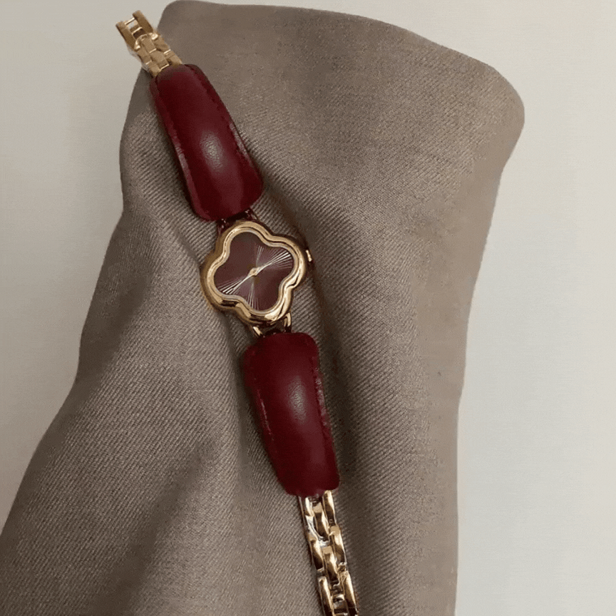 Angora Red Timepiece – Clover Charm Watch with Red Leather Strap