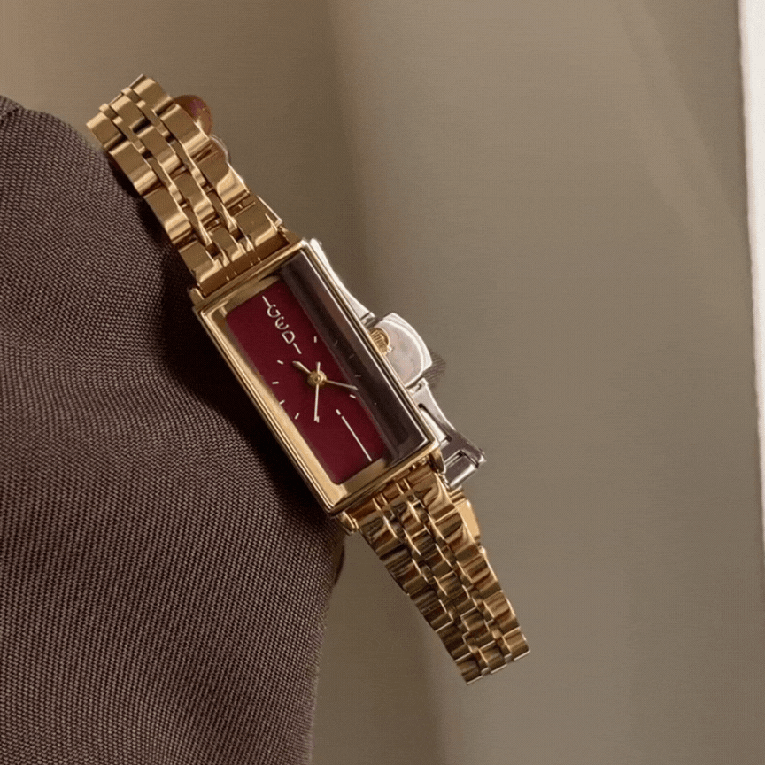 Luxury Rectangle – Angora Red Dial Watch with Gold-Tone Steel Bracelet