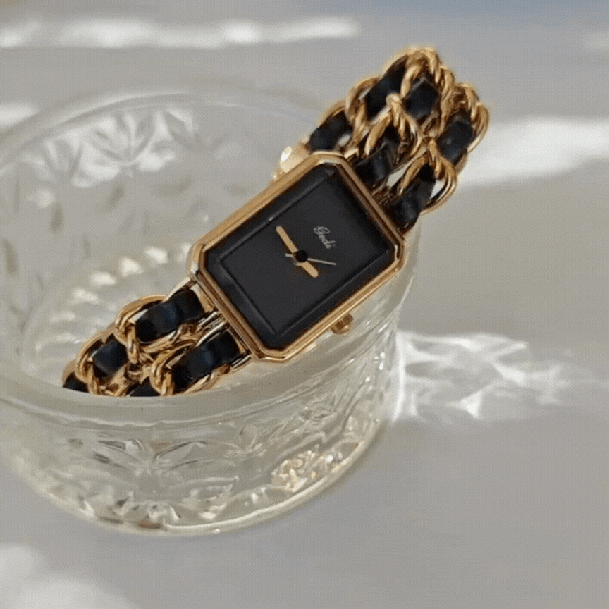 Gold Woven Chain Watch – Black Dial & Polished Gold Case for Women