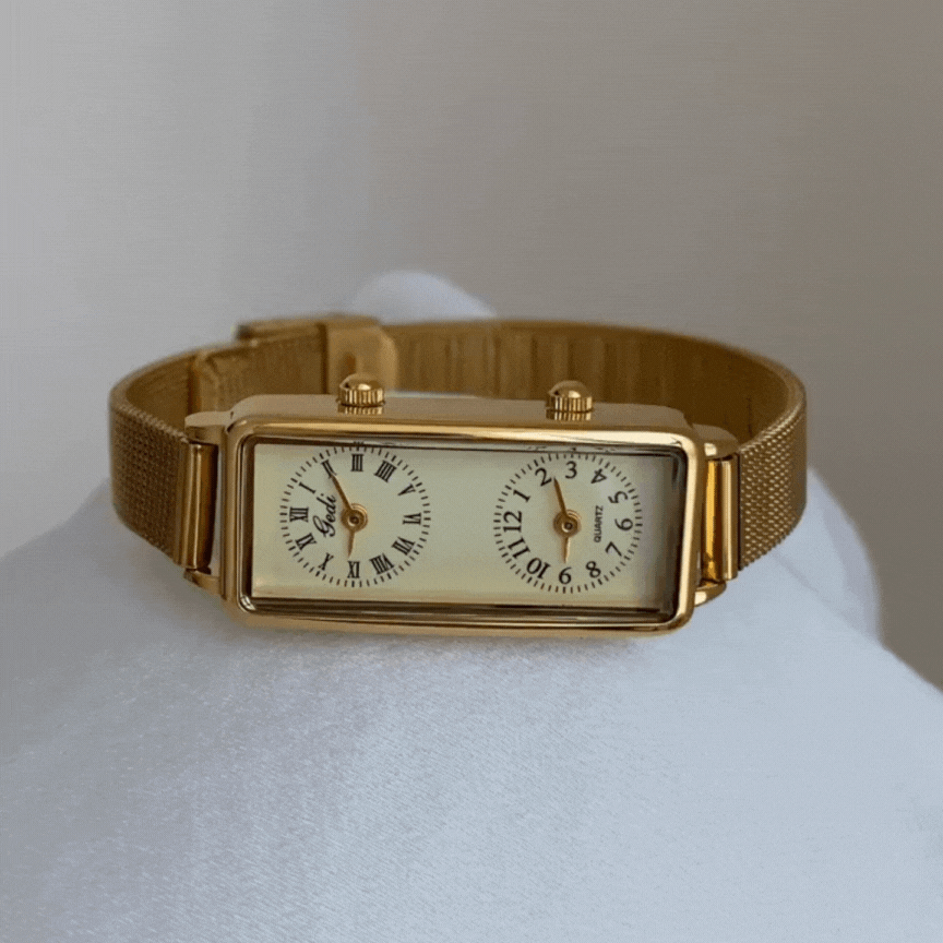 Gold Mesh Strap Quartz Timepiece – Dual Dial Design for Women