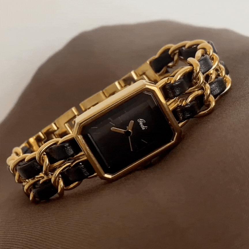 Gold Woven Chain Watch – Black Dial & Polished Gold Case for Women