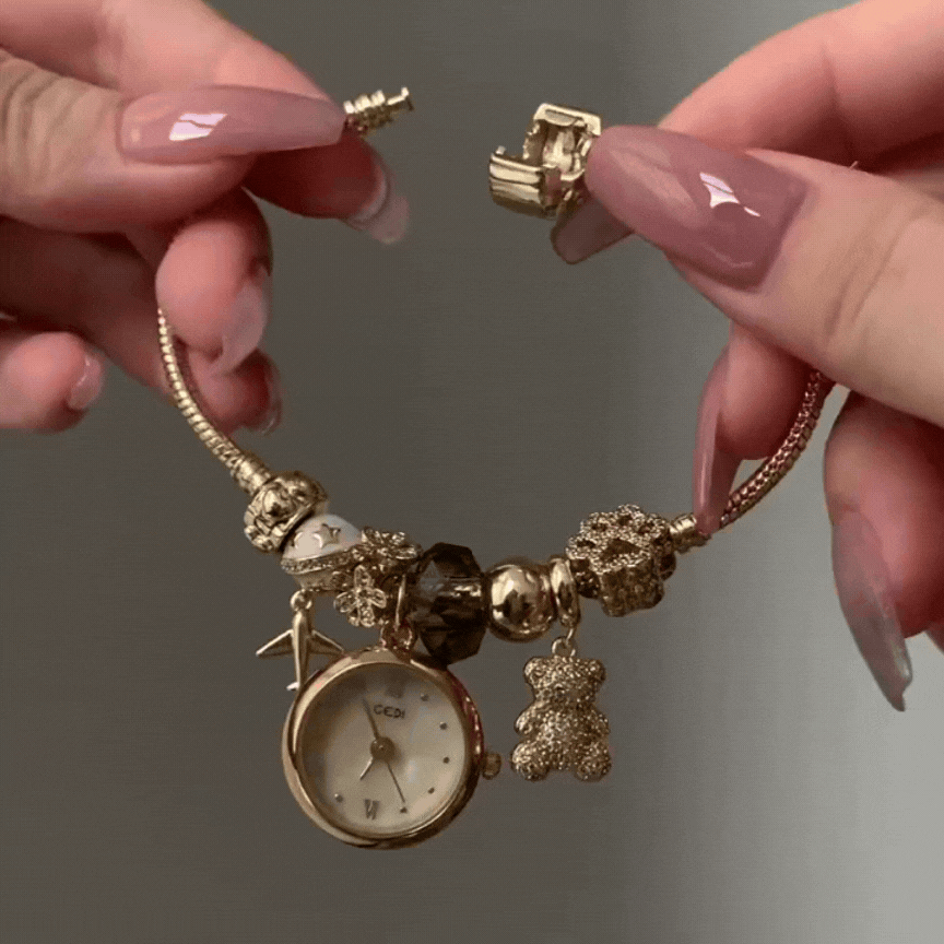 Bear & Plane Timepiece – Whimsical Gold Watch with Sparkling Zirconia