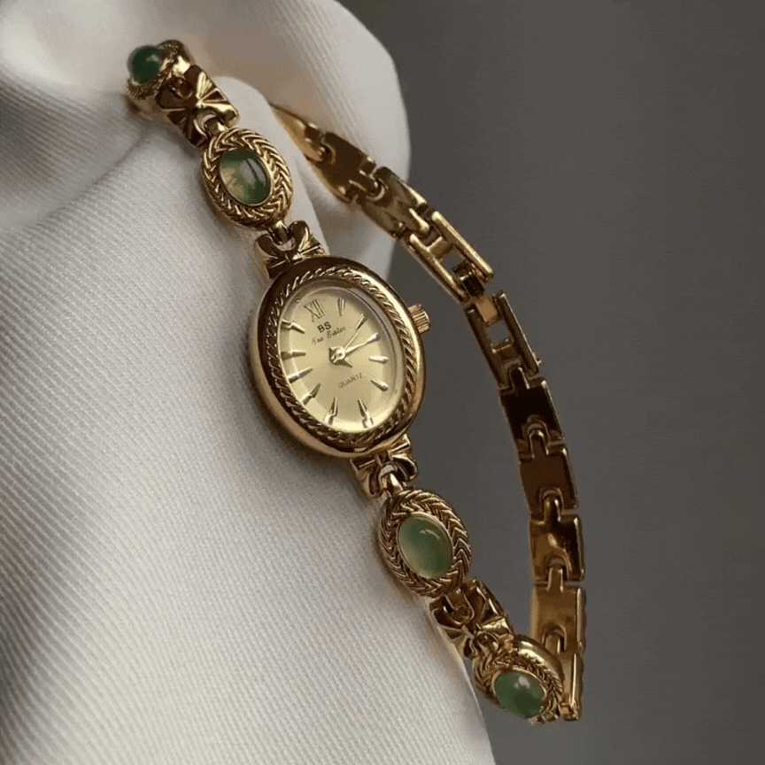 Green Jade Inlay Watch – Gold Bracelet with Oval Quartz Dial