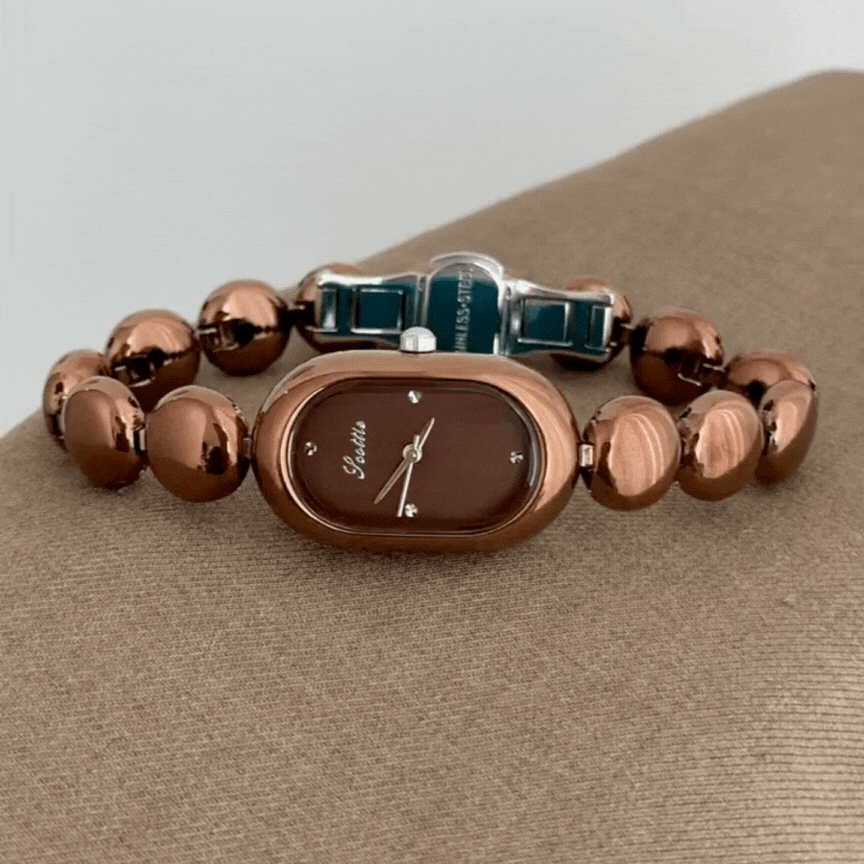 Beaded Bracelet Quartz Watch for Women – Oval Brown Dial & Timeless Style