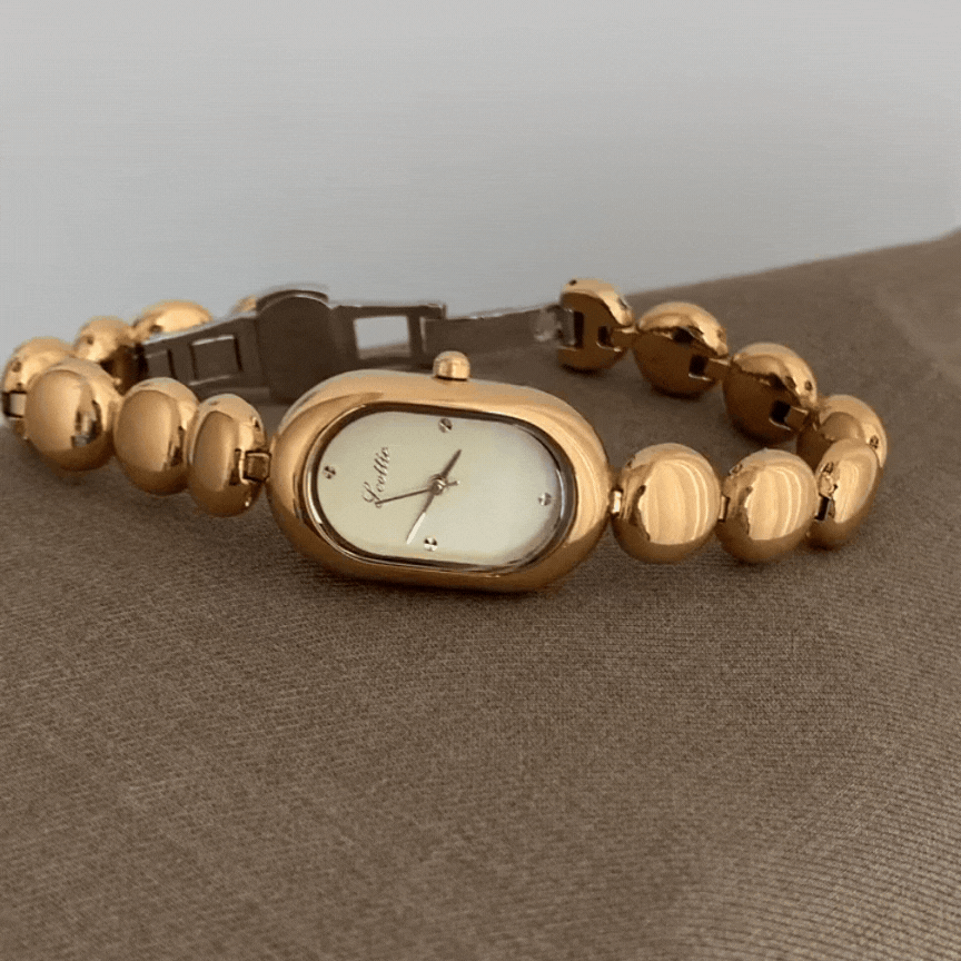 Gold Beaded Bracelet Watch – Women’s Quartz with Oval Dial & Gold Case