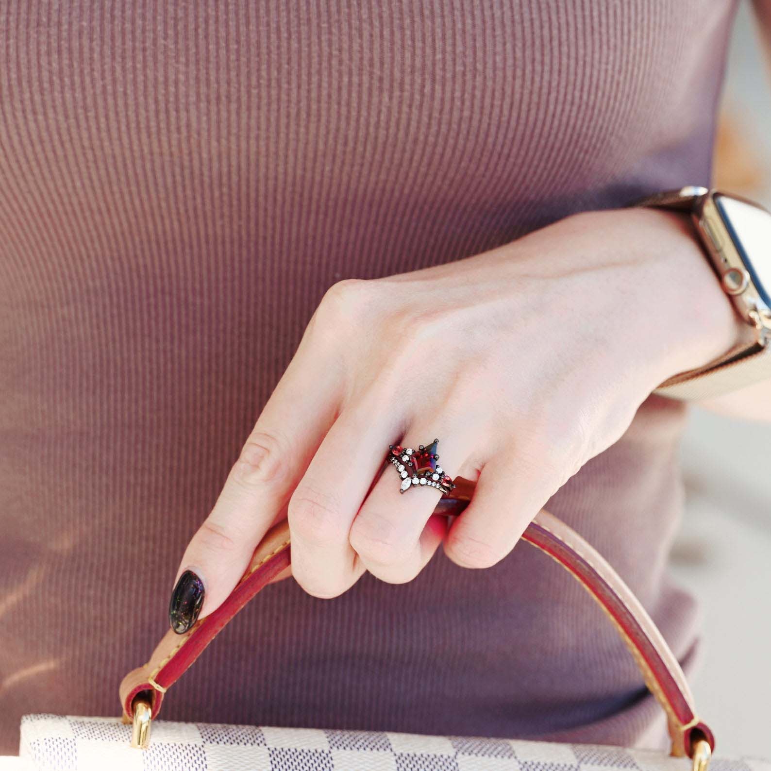 Skye garnet wedding ring set - matching rings for him & her