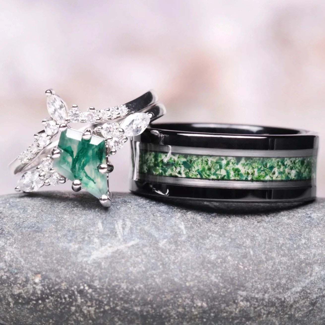 His & Hers Skye wedding rings - rings made from green moss agate