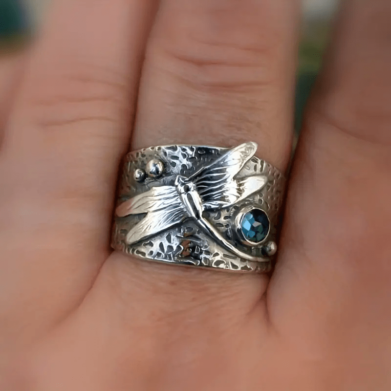Blue Crystal Dragonfly Ring in Antique Silver Finish