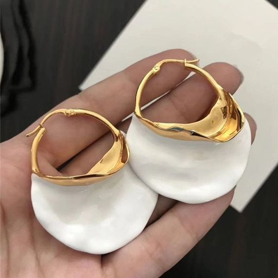 Vintage White Enamel & Gold Statement Earrings