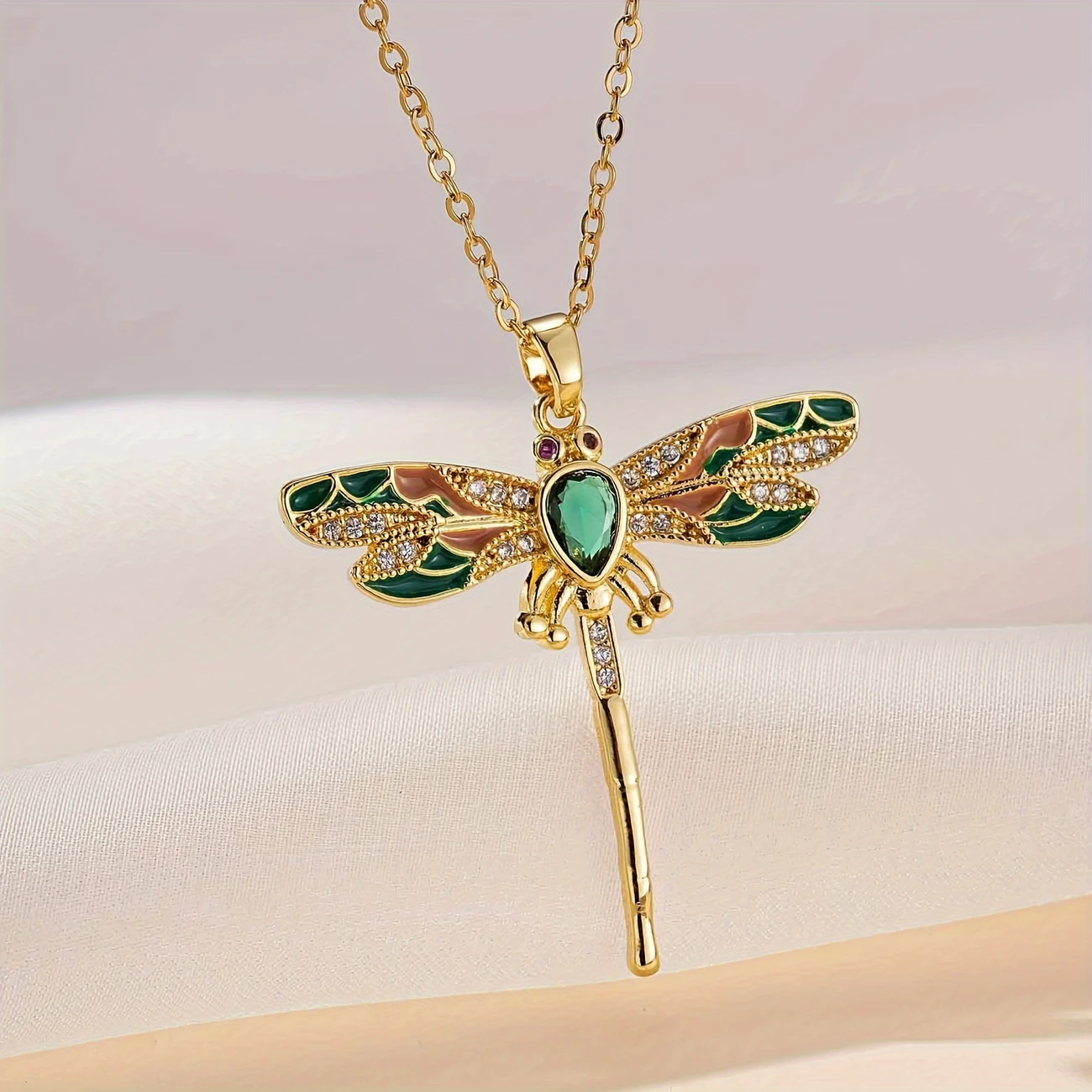 Bright Gold Necklace with Green Dragonfly Charm