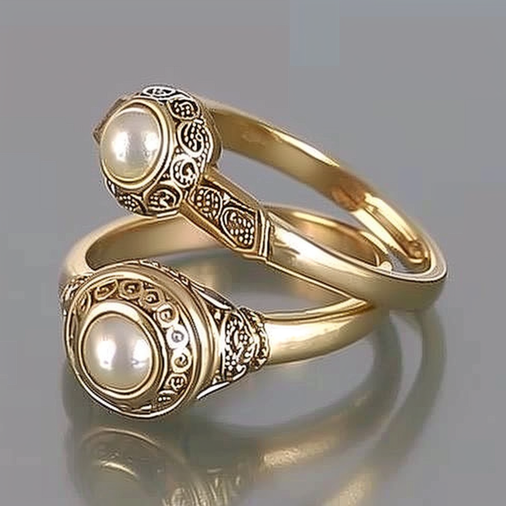 Vintage Gold Ring Set with Inlaid Pearls